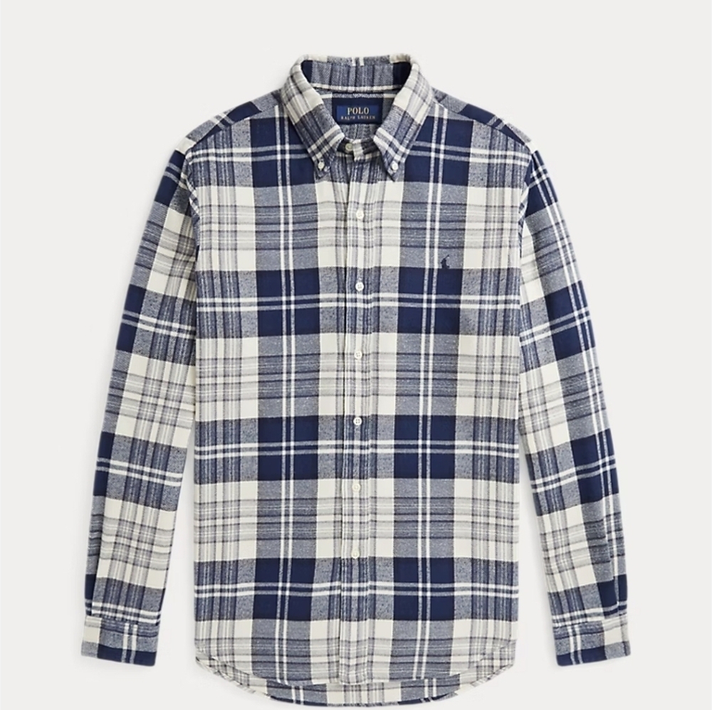 Ralph Lauren Classic Fit Brushed Cotton Navy and Cream Plaid Flannel Shirt - Picture 2 of 9